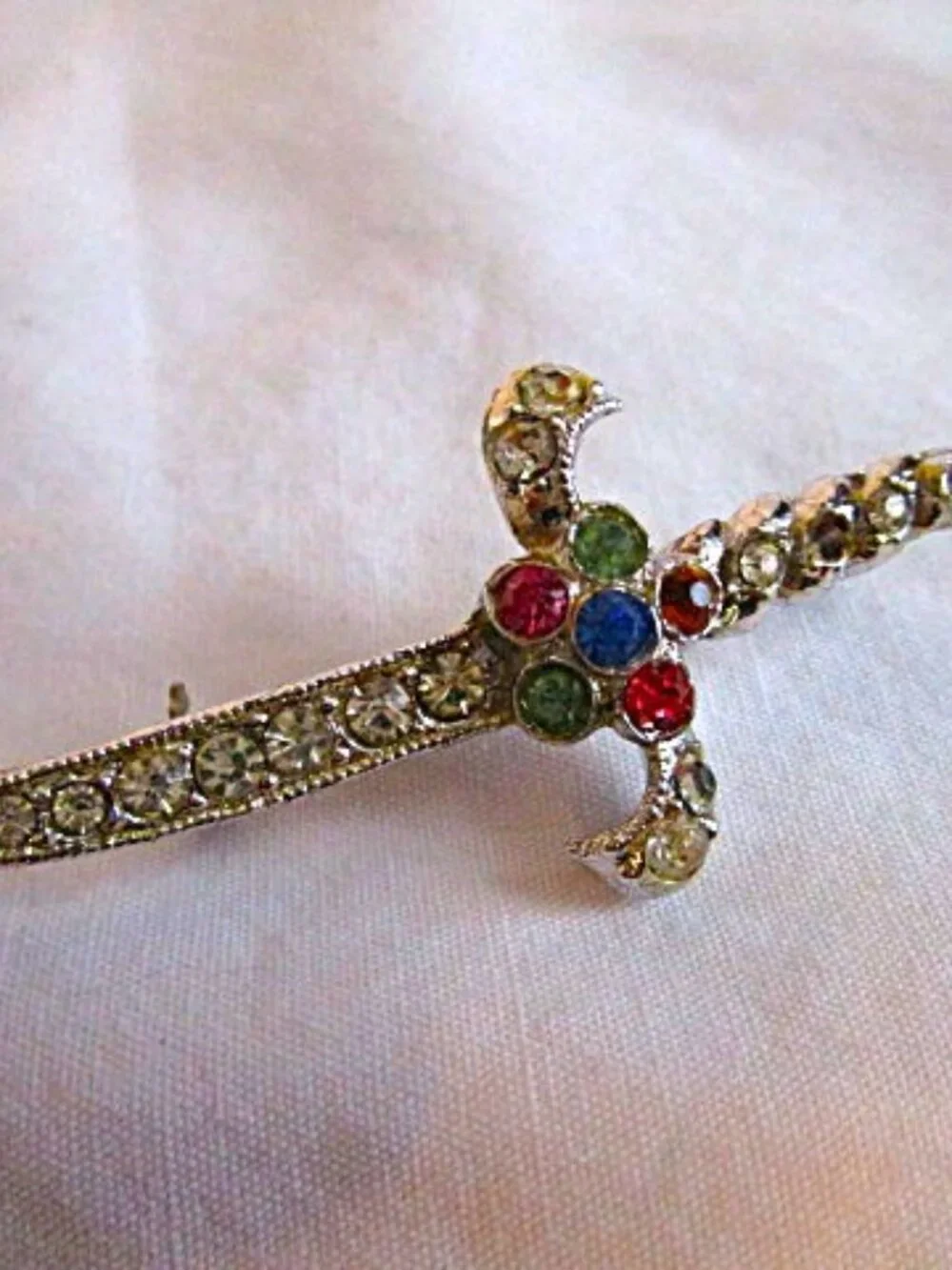 Vintage Bejeweled Sword/Sword Brooch With Rhinestones Silver tone